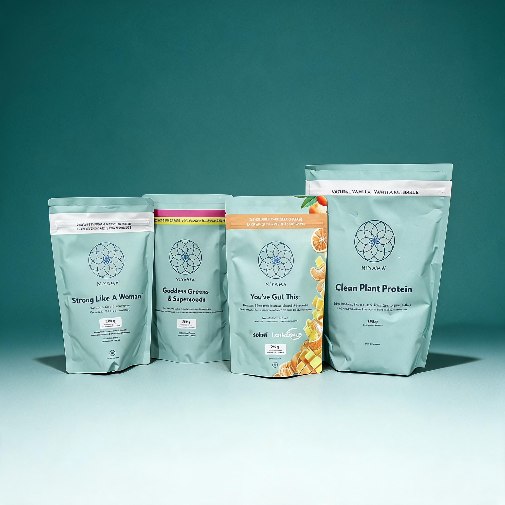 Four stand-up pouches of NIYAMA women's supplements arranged on a light surface against a teal gradient background.