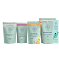 Four stand-up pouches of NIYAMA women's GLP-1 support supplements (Strong Like a Woman, Goddess Greens & Superfoods, You've Gut This, Clean Plant Protein) with the Whizzy Supplement Mixer & Frother, arranged on a light surface against a teal gradient background.