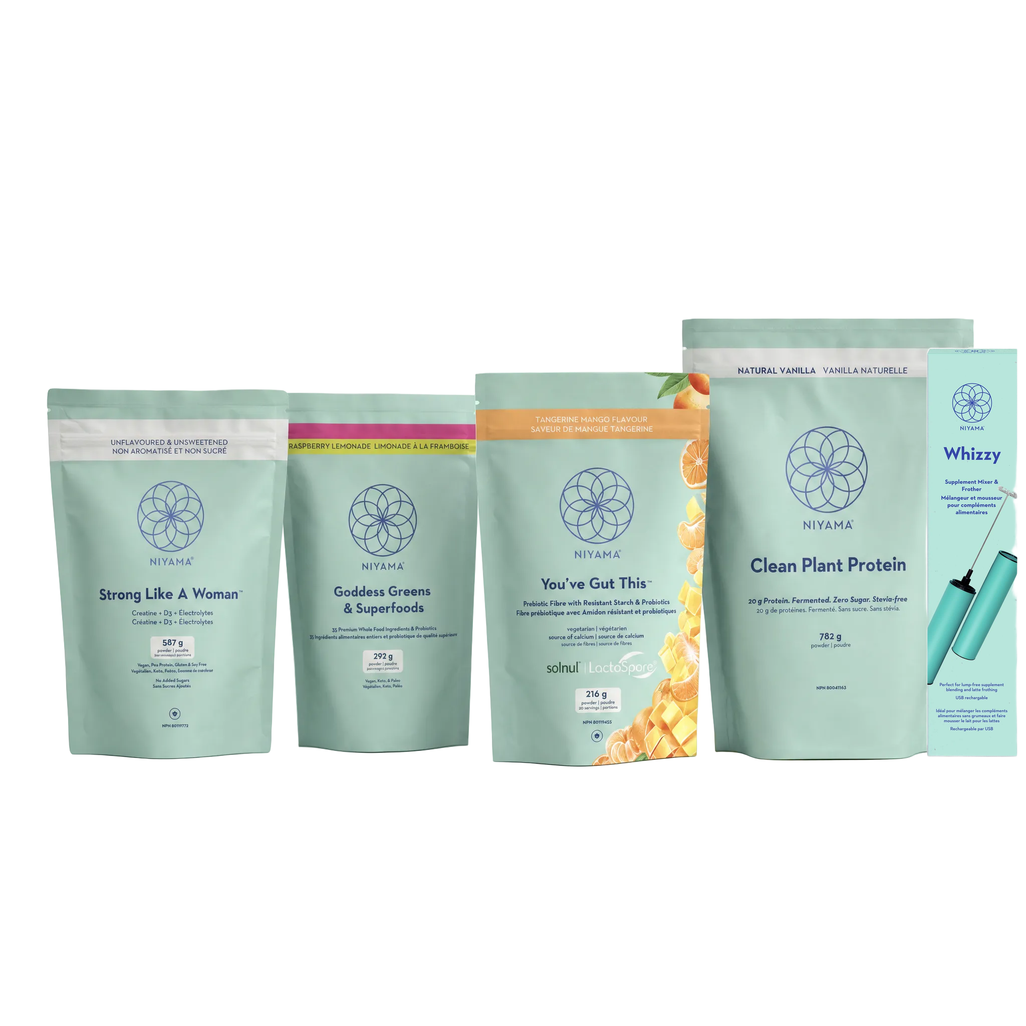 Four stand-up pouches of NIYAMA women's GLP-1 support supplements (Strong Like a Woman, Goddess Greens & Superfoods, You've Gut This, Clean Plant Protein) with the Whizzy Supplement Mixer & Frother, arranged on a light surface against a teal gradient background.